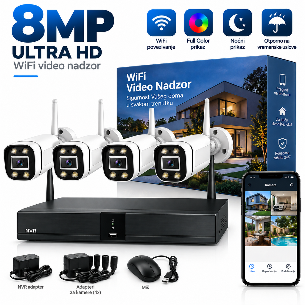 Komplet video nadzora 8MP WiFi – 4 kamera + NVR
